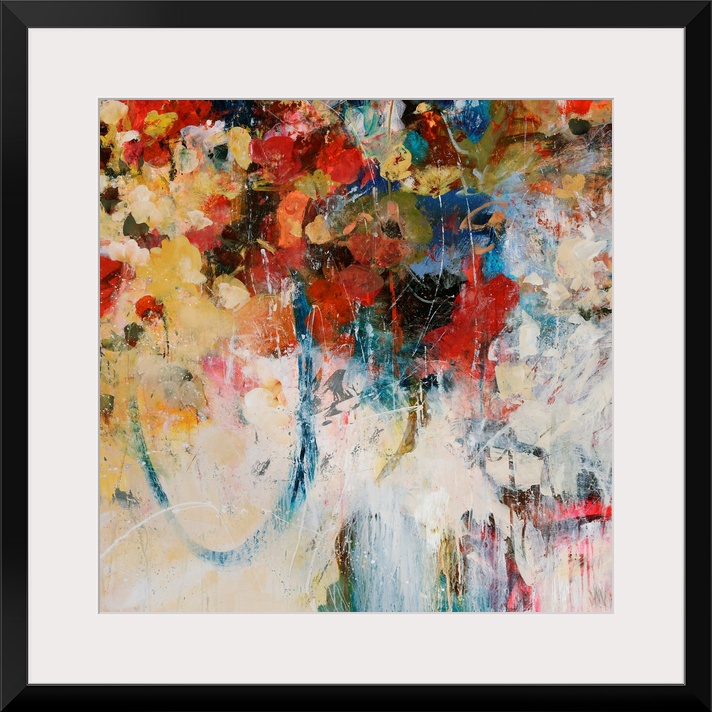 Abstractly painted square canvas with different flowers painted in the top portion and faded color splashes at the bottom.