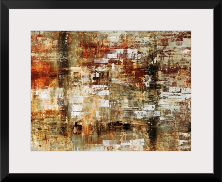 Grungy abstract painting of various earth toned colors on canvas.