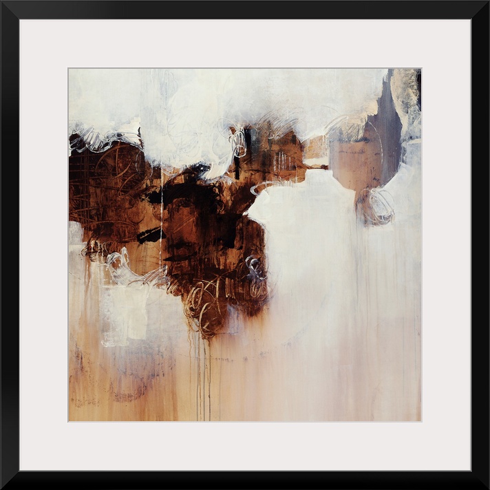 Abstract contemporary painting featuring white spaces swirling into a darker brown center, appearing to be made of rust an...