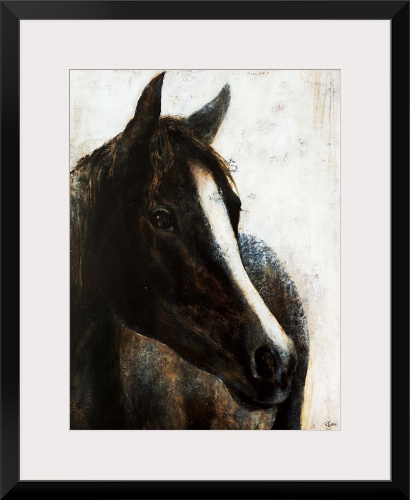 Contemporary painting of a black horse with a bold white stripe from it's forehead down to it's nose.