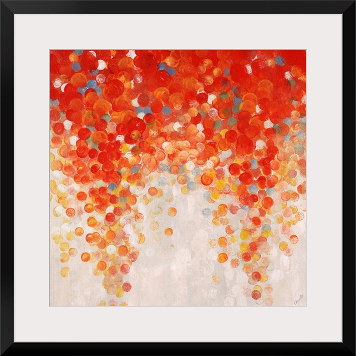 Abstract painting of a large cluster of gumballs in warm tones that appear to be raining downward, on a light neutral back...