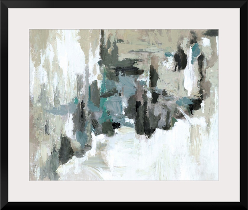 Contemporary abstract artwork in muted blue and brown tones, resembling a moody sky.