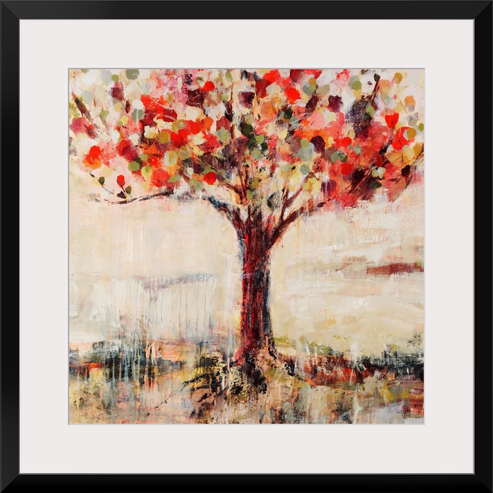 Abstract landscape painting feature a tree done in vibrant, candy-like colors.