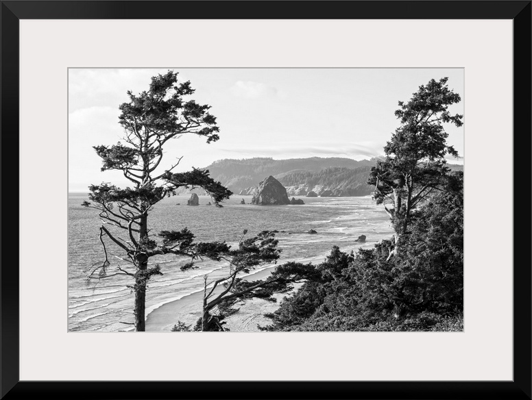 Black and white landscape photograph of Cannon Beach through the trees with Haystack Rock in the distance, Oregon Coast