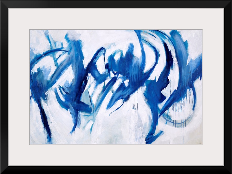 Abstract painting of royal blue paint splashes and swipes as if to give the appearance of figures dancing.