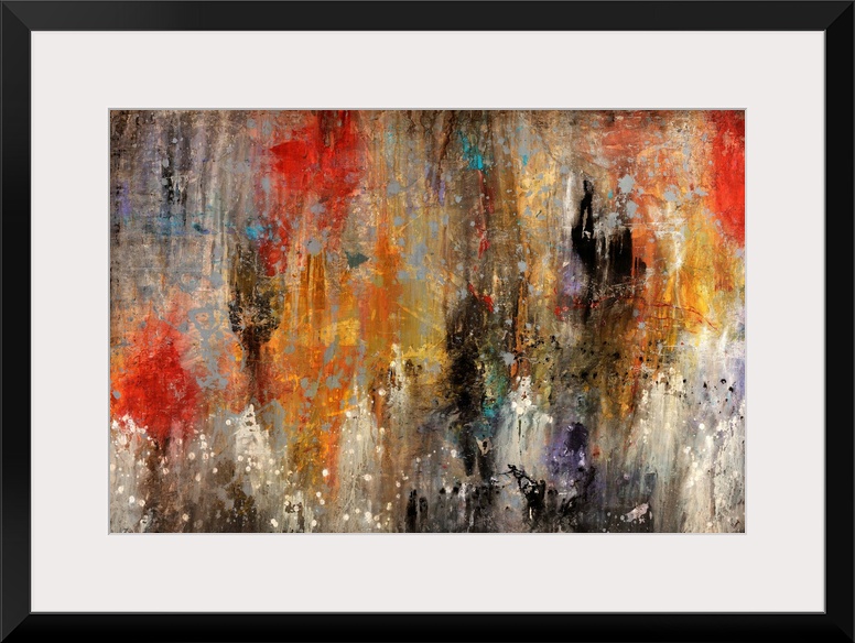 Contemporary abstract painting reminiscent of a mysterious and hazy cave, done with splatters and drips.