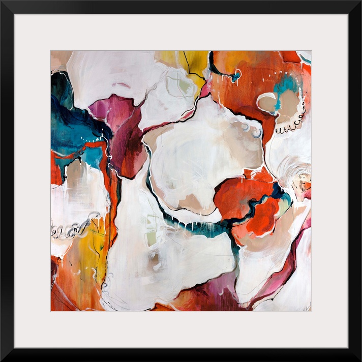 A colorful piece of square artwork that is abstract with creamy paint textures.