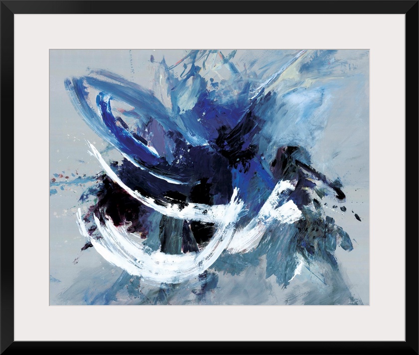 Contemporary abstract artwork in blue, black, and white in broad, fast brushstrokes.