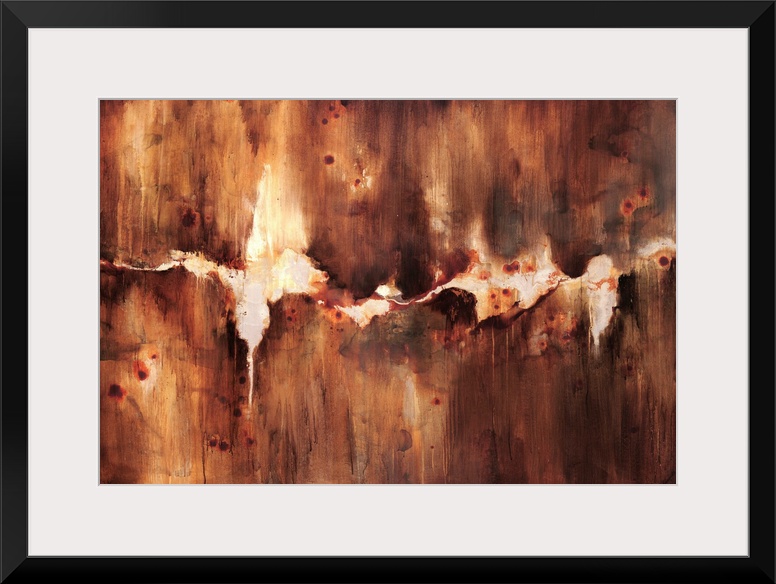 Abstract artwork that is rust colored with a crack through the middle with an off white background showing.