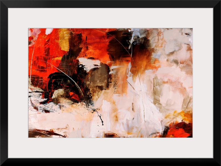 Large abstract painting of different blotches of color brushed on top of a neutral colored backdrop.