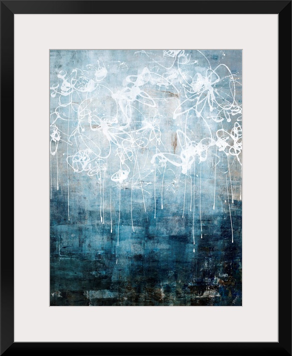 Contemporary abstract painting using neutral tones and dark blue tones with scribbled white paint strokes resembling cave ...