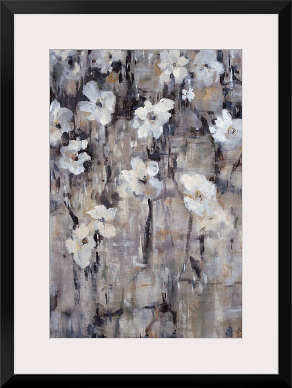 Contemporary painting of gray-toned florals.