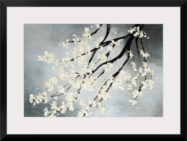 Contemporary drawing of blooming white flowers on the dark branches of a cherry tree hanging down from the top.