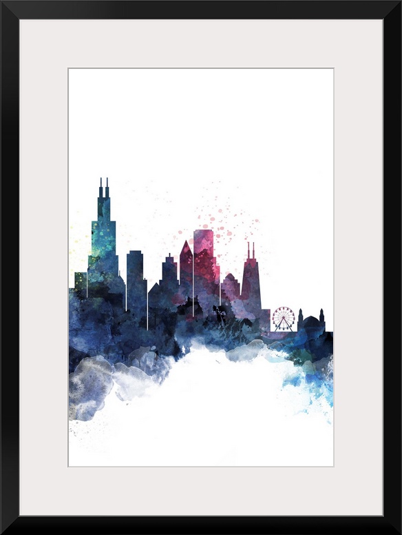 The Chicago city skyline in colorful watercolor splashes.