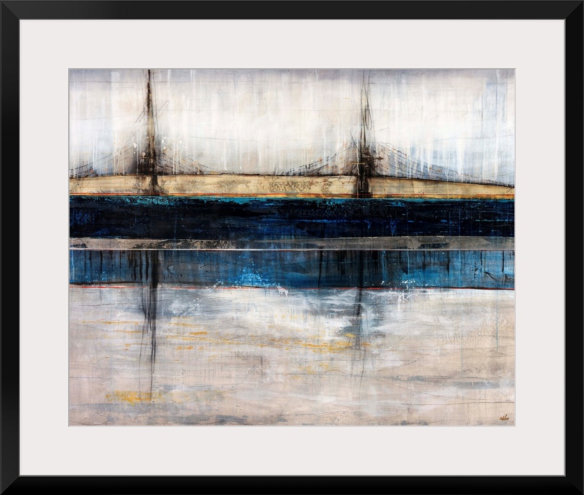 Abstract art piece depicting a bridge in a city spanning across a river.