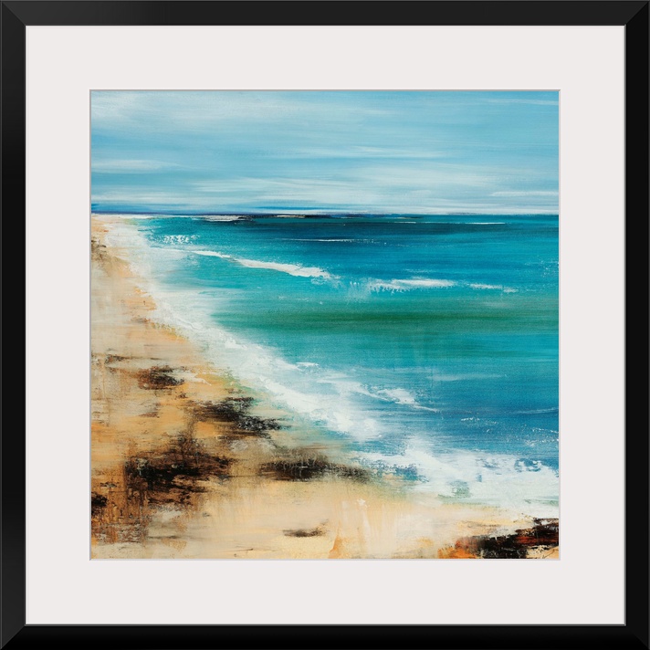 Contemporary painting of slightly blurred, out of focus shoreline with surf and waves rolling in under a cloud sky.