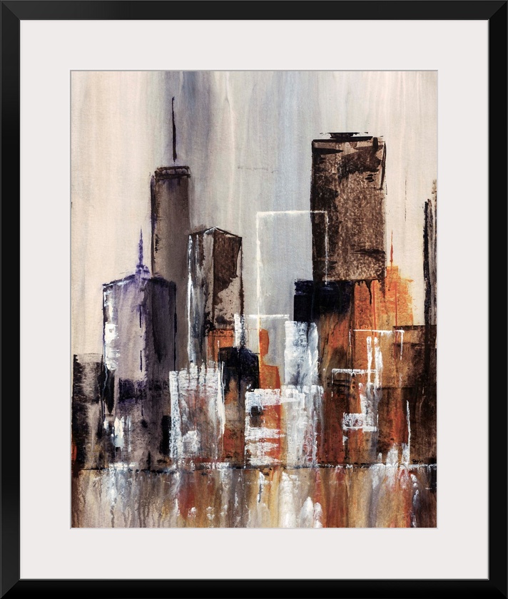 Contemporary abstract painting of cityscape and waterfront. The painting uses simple geometric shapes to create buildings ...