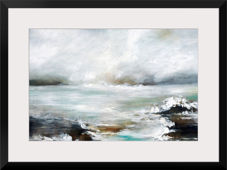 Contemporary artwork of a seascape with mild waves on a cloudy day.