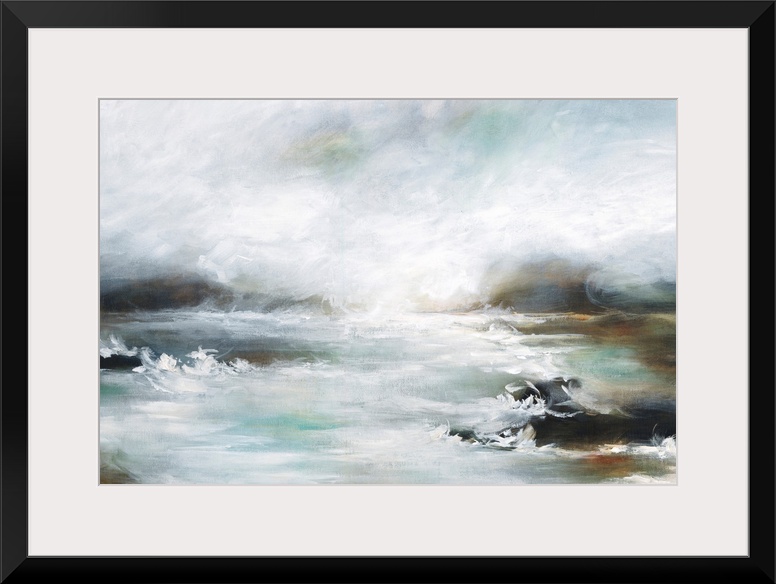 Contemporary artwork of a seascape with mild waves on a cloudy day.