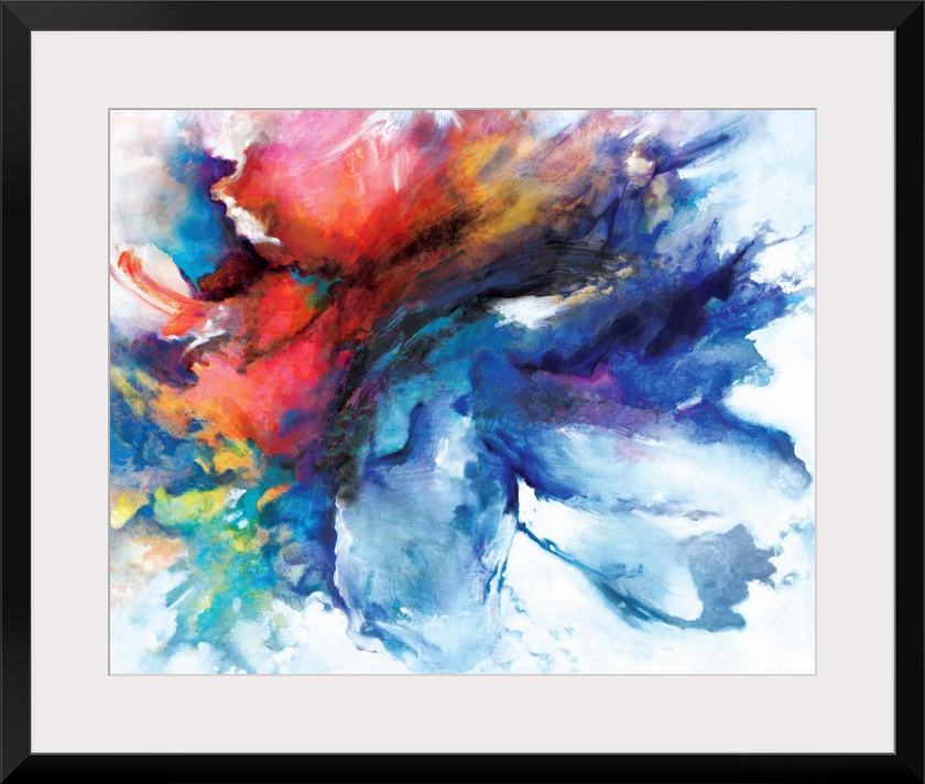 A contemporary abstract painting of a cloud-like formation of deep colors and brush strokes.