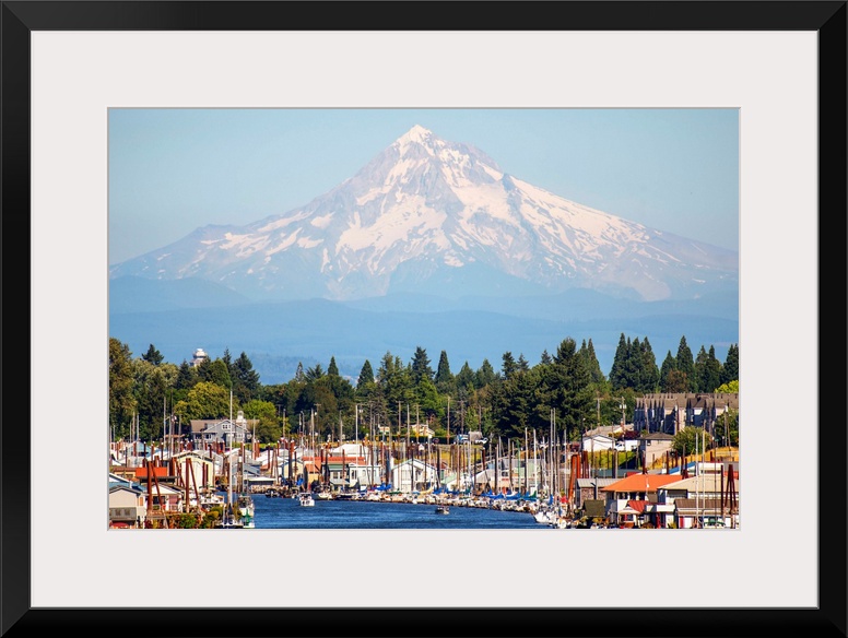 View of a marina in Columbia River with Mount Hood in the background, Portland, Oregon.