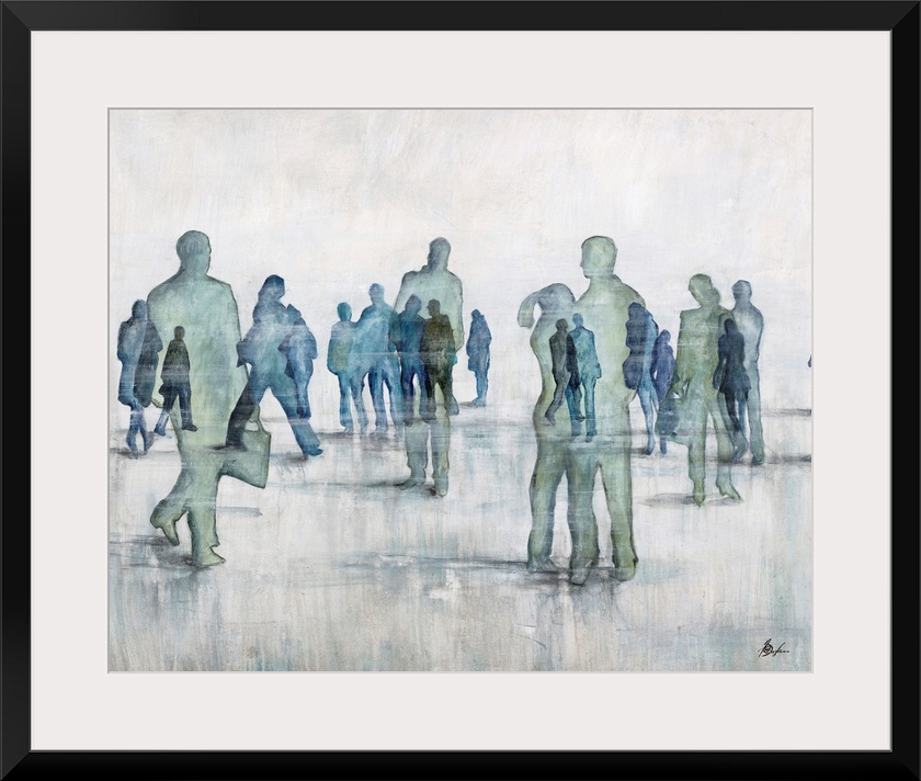 Contemporary painting of transparent figures in cool tones gathering.
