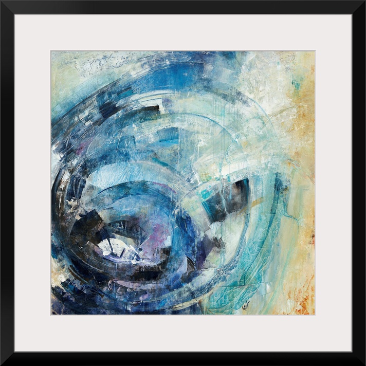 Contemporary painting of concentric circles in chades of blue with hint of purple.