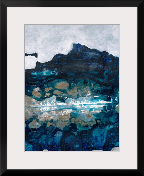 Contemporary painting of blue forms mimicking a cool natural landscape, such as a lake or mountain.