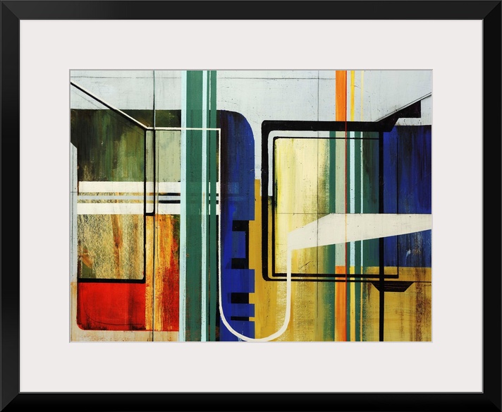 Abstract modern art featuring geometric lines and  a colorful, but simple palette.