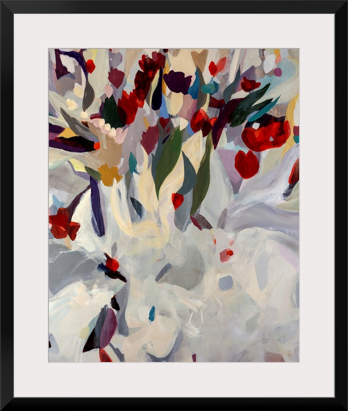 Large abstract modern painting of a uniquely arranged bouquet of blooming flowers. Vibrant tones in flowers at the top con...