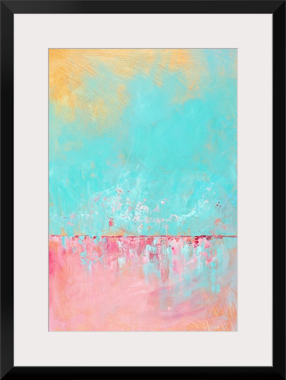 Contemporary abstract painting in yellow, teal, and pink.
