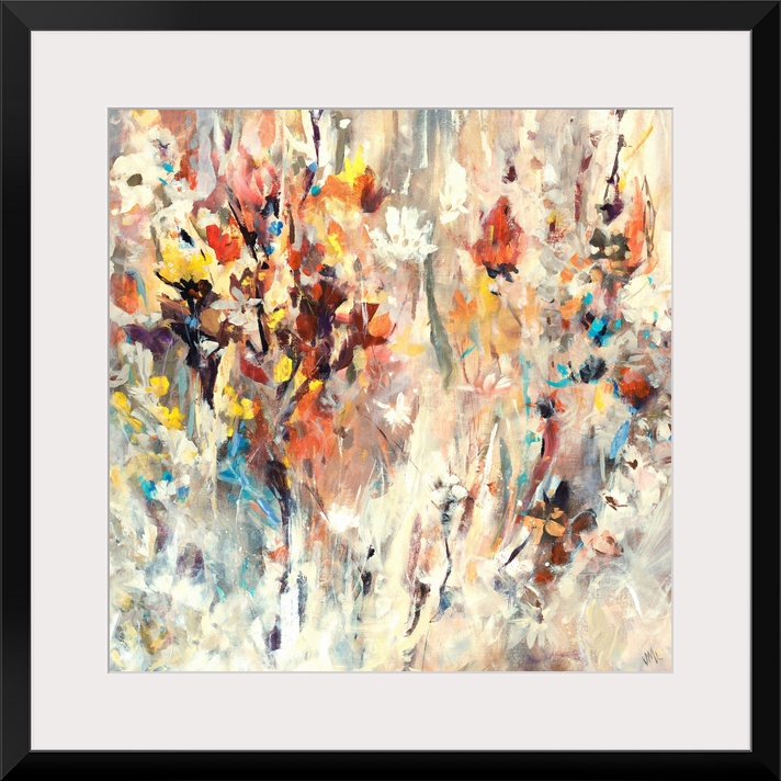 Contemporary painting of many bright flowers, seemingly jumping from the beige background, full of motion and splashes of ...