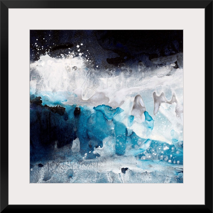 Contemporary abstract painting of what looks like crashing blue and white waves of ocean water.