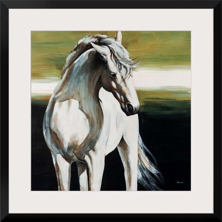 Square, big painting of a partially shadowed, white horse from the knees up, standing forward with its head turned to the ...