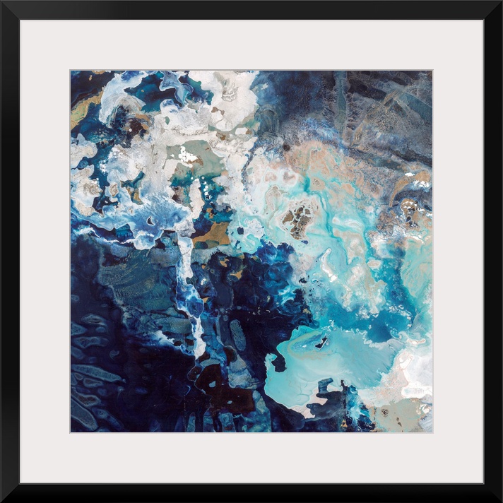 Abstract contemporary painting with dark navy and bright blue splashes.