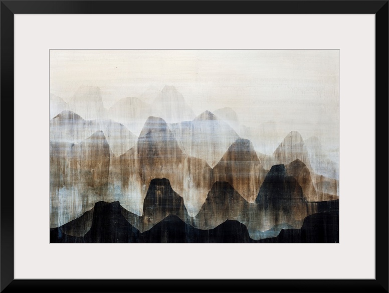 Contemporary artwork of a mountain range painted in various earth-tones.