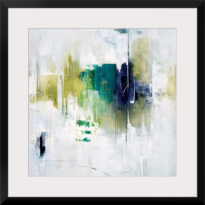 Abstract painting using vivid green and blue tones in gradients on a neutral background.