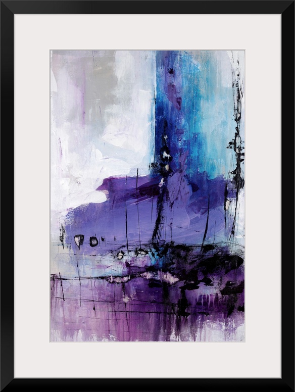 Contemporary painting done in brilliant shades of purple of purple from violet to eggplant over a gray toned background wi...