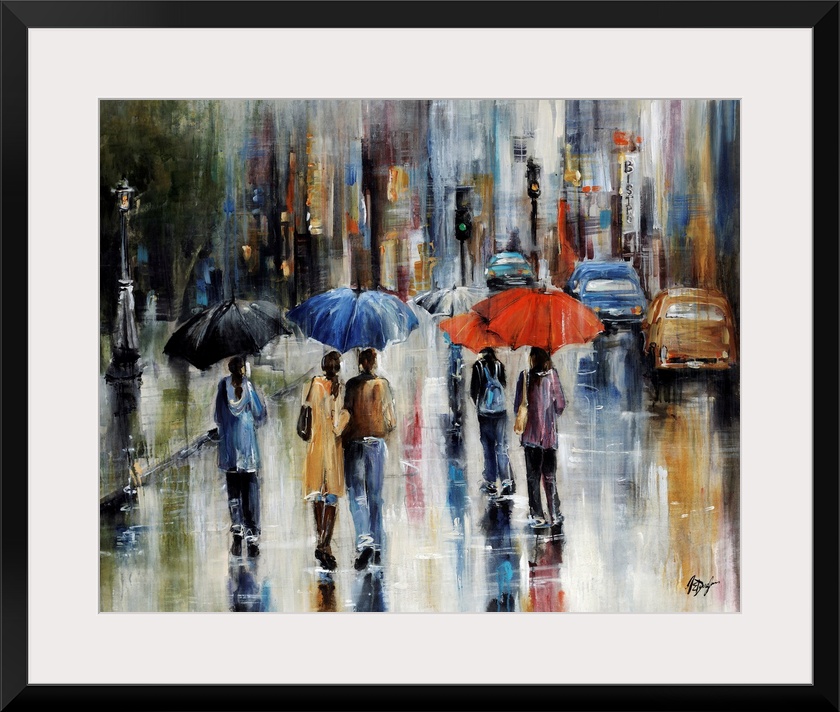 Large painting of people walking in the street with umbrellas. There is a sidewalk to the left of them and cars ahead to t...