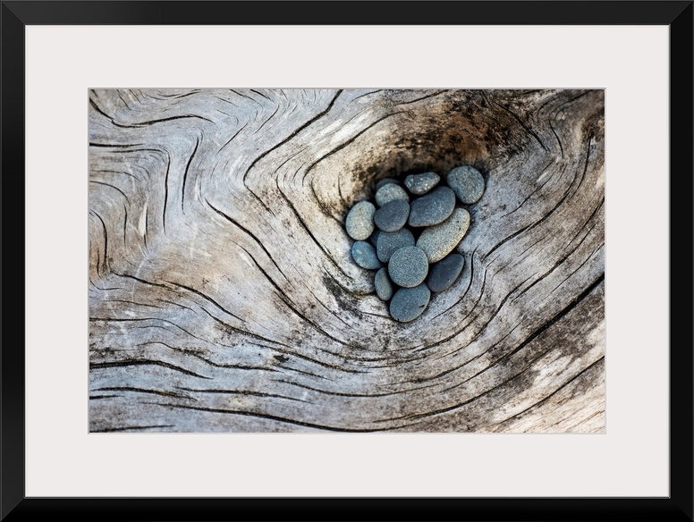 Photograph of smooth rocks piled on top of a piece of driftwood on the pacific northwest coast.