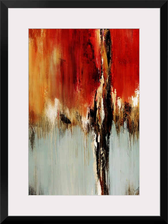 Vertical abstract painting on canvas of warm colors meeting neutral colors.