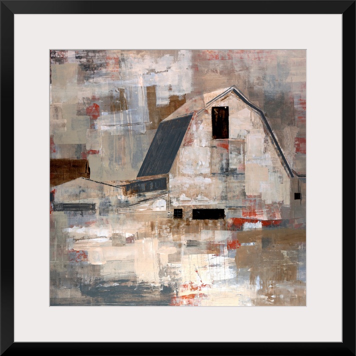 Contemporary artwork of a barn with blocks of colors painted all around it.
