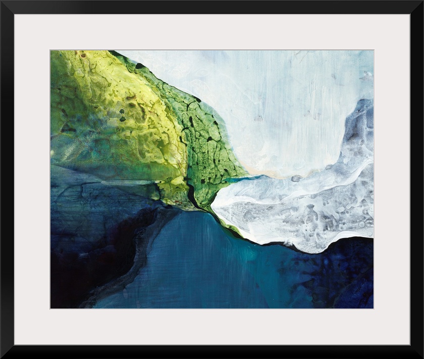 A contemporary abstract painting using cool colors in organic forms.