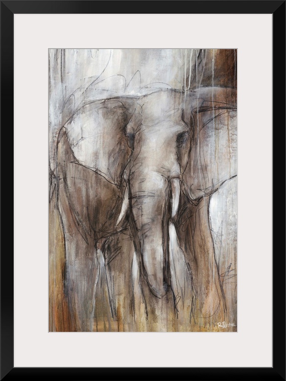 Illustrative painting of an elephant done in varying shades of grayish-brown.