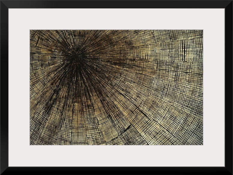 Contemporary abstract painting of lines diminishing in to a vanishing point in the top left corner over a tan background.