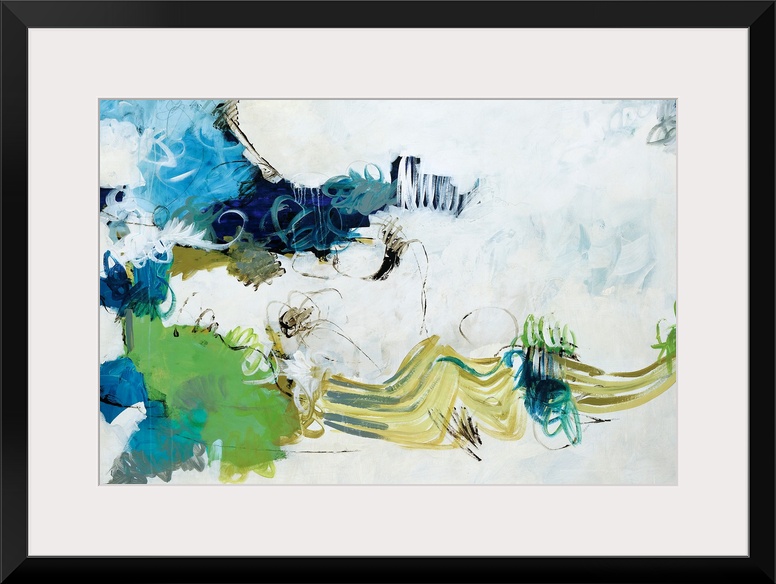 This is a horizontal abstract painting using a squiggly brush strokes and cloud like shapes to fill contemporary decorativ...