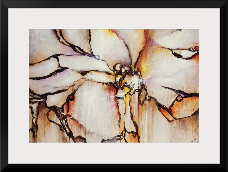 Large, horizontal contemporary painting of clustered shapes that resemble petals of a large flower with crackling edges. T...