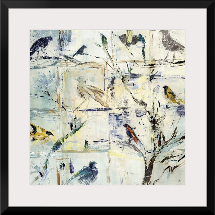 Contemporary painting of various abstracted birds against a cool cream background.