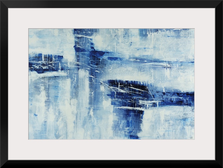 Contemporary abstract art of cool tones cut out and faded over top of a neutral background.