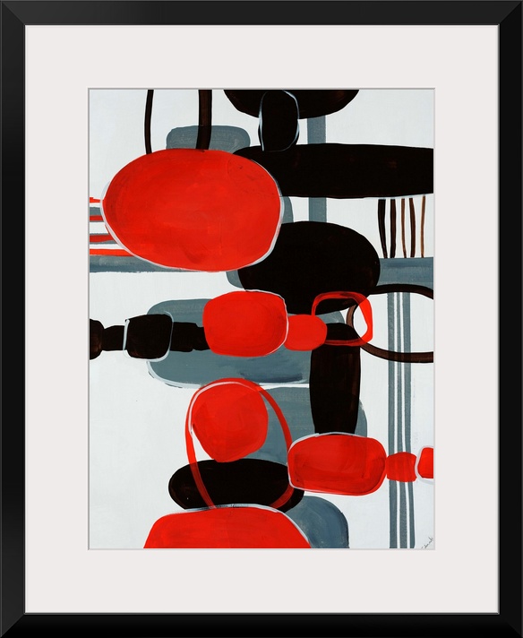 Modern painting of geometric shapes and lines reminiscent of mid century modern styles.